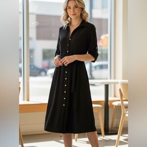 Sharagano Black Button-Front Midi Shirt Dress with Tie Waist